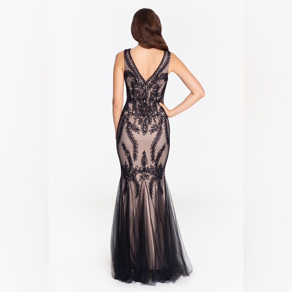 BLACK CACHET “COCO" V-NECK SOUTACHE
GODET LONG DRESS
